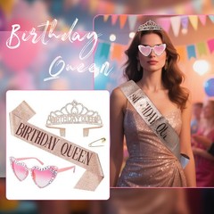 3Pcs Women’s Birthday Accessory Set Heart Glasses Glitter Shoulder Strap & Crown