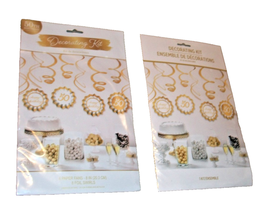 2pks 50TH HAPPY BIRTHDAY DECORATING KIT HANGING FANS SWIRLS GOLD (B34)