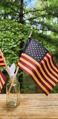 NEW! Tea Stained 4″ x 6″ American Flag on Wood Stick with Gold Top – 2/Pack USA