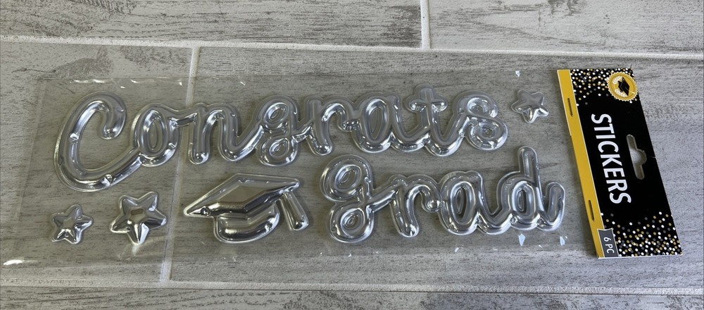 Congrats Grad 6pc Silver 3D Puffy Sticker Grauation Party Decoration