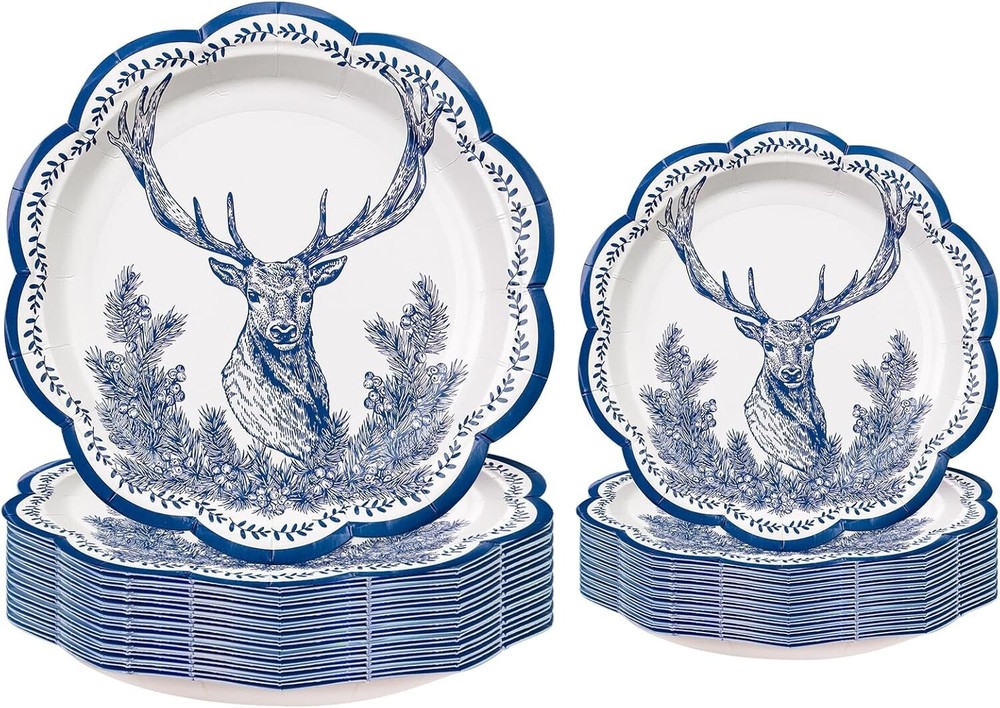 Wrapaholic 50 Piece Scalloped Edge Christmas Deer Disposable Paper Plates