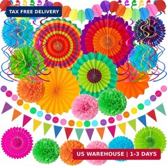 33Pcs Fiesta Decorations Cinco De Mayo Decorations Multi-Color Paper Fans Garlan