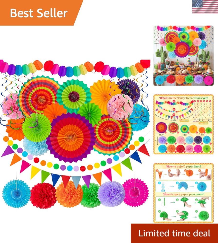 35PCS Fiesta Paper Fan Party Decorations Set – Cinco De Mayo Pom Poms,Pre-ass…