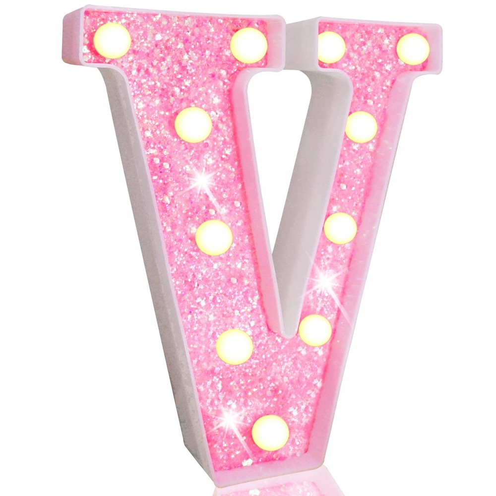 LED Marquee Letter Lights, Pink Glitter Light Up Letters Alphabet Sign Batter…