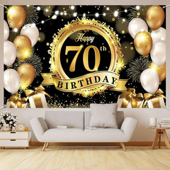 Happy 70Th Birthday Decoration Backdrop Banner Black Gold Extra Large Fabric