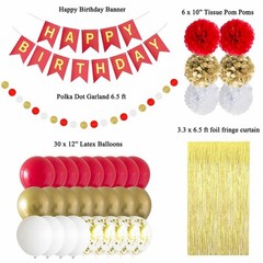 Red and Gold Happy Party Decorations with Banner Balloons Pom Poms Foil Fring…