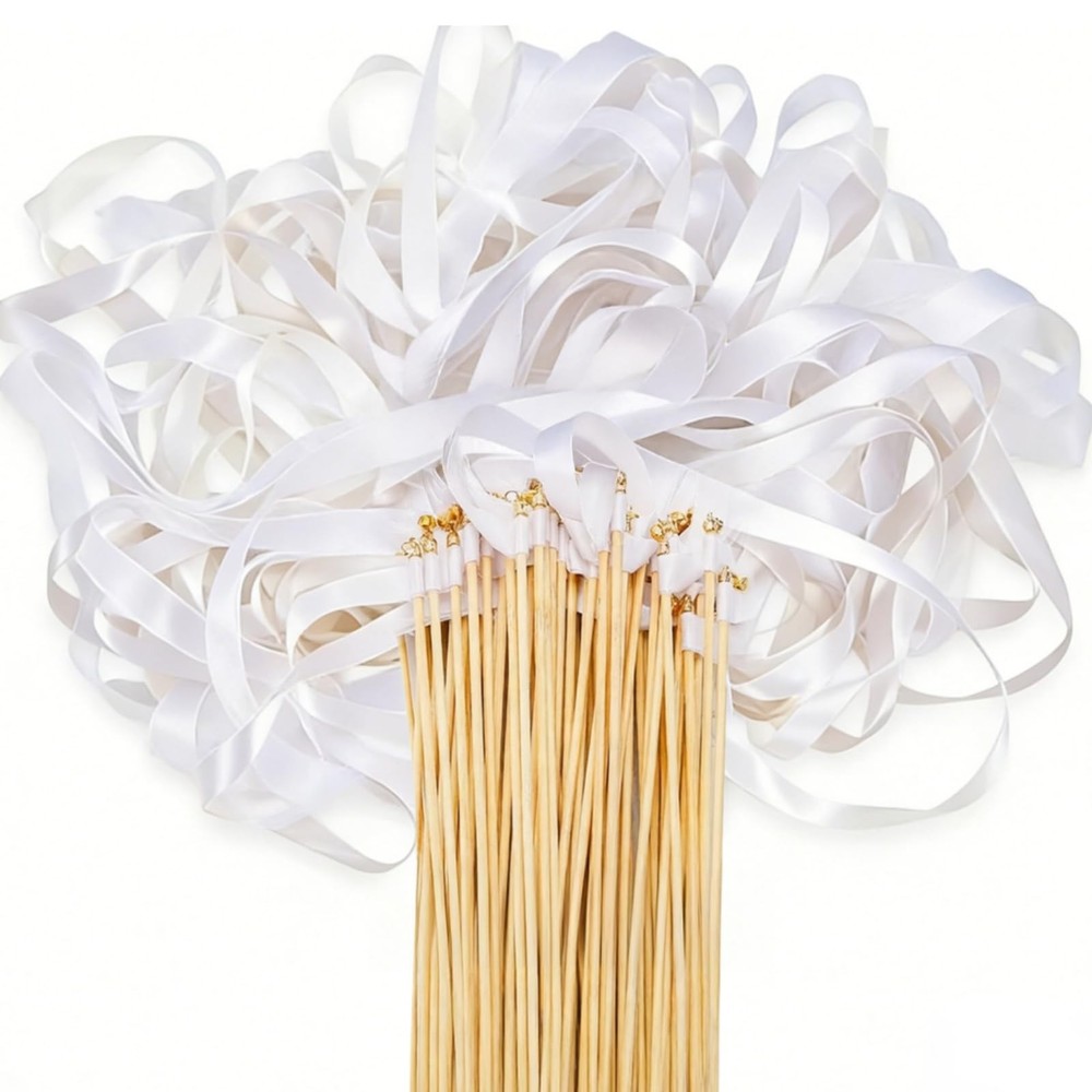 Noamus 100 Pcs Ribbon Wands for Wedding, Lace Streamers Sticks with Bell, Silk