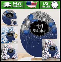 Royal Blue Happy Birthday Round Backdrop Cover Silver Bokeh Sequin Spots