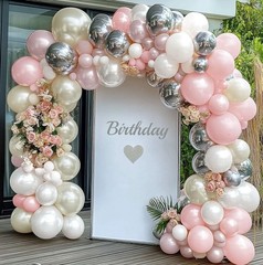Pink White Silver Balloon Arch Double Pearl White Pink Balloon Garland with S…