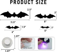 36 Pcs LED Halloween 3D Bats Decorations Wall Stickers, 4 Different Size Removab