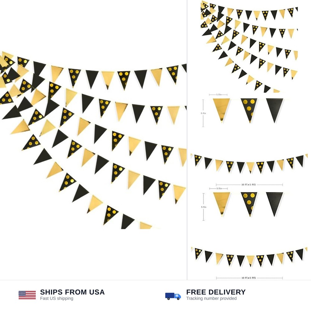 30Ft Black Gold Party Decorations Polka Dot Pennant Banner Paper Circle Dot T…