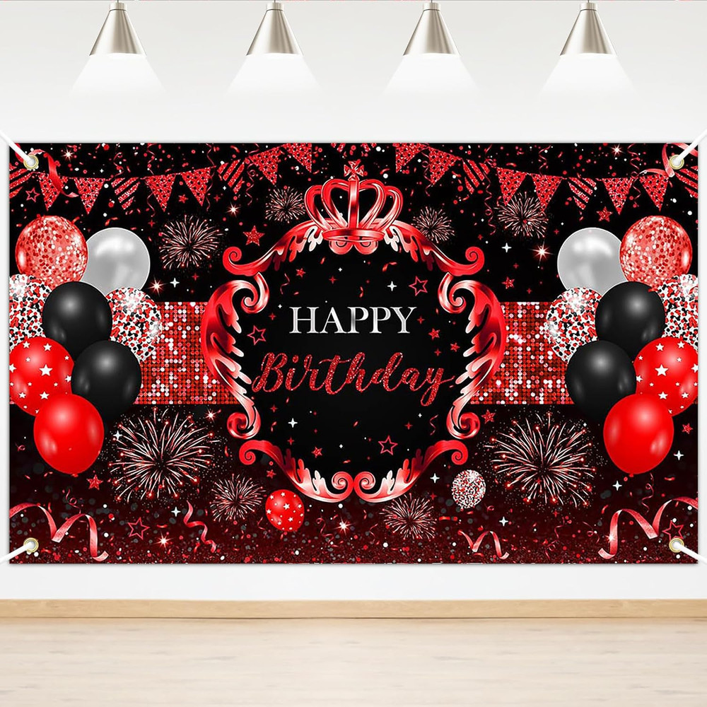 Red and Black Birthday Backdrop Glitter Red Banner for Women Girls Birthday Part