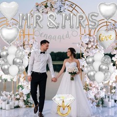 Silver Engagement Party Decorations, MR and MRS Balloons Decor, Metallic Silv…