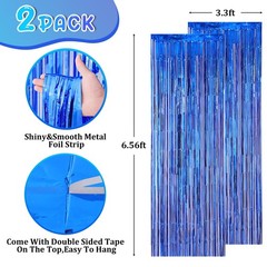 2 PCS Blue Foil Fringe Backdrop Curtains Tinsel Streamers Party Photo Decor