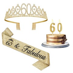 60th Birthday Decorations for Women Gold with Sash and Tiara,