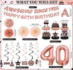 40th Birthday Decorations Kit for Women, Rose Gold Happy 40th Birthday Banner, A