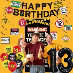13th Birthday Decorations Boys Girls, Black Happy 13th Birthday Banner Backdr…
