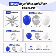 131pcs Royal Blue and Silver Balloon Arch Garland Kit, Royal Blue White Silve…
