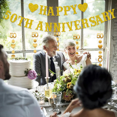 50Th Anniversary Decorations, Gold Glitter Happy 50Th Anniversary Banner with 50