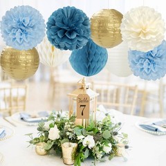 Dusty Blue Champagne Gold Beige Flowers Tissue Pom Poms Honeycomb Lanterns 15…