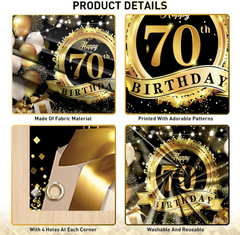 Happy 70Th Birthday Decoration Backdrop Banner Black Gold Extra Large Fabric