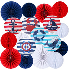 18 Pcs Nautical Party Decoration Ship Wheel Hanging Paper Lantern Honeycomb Fan