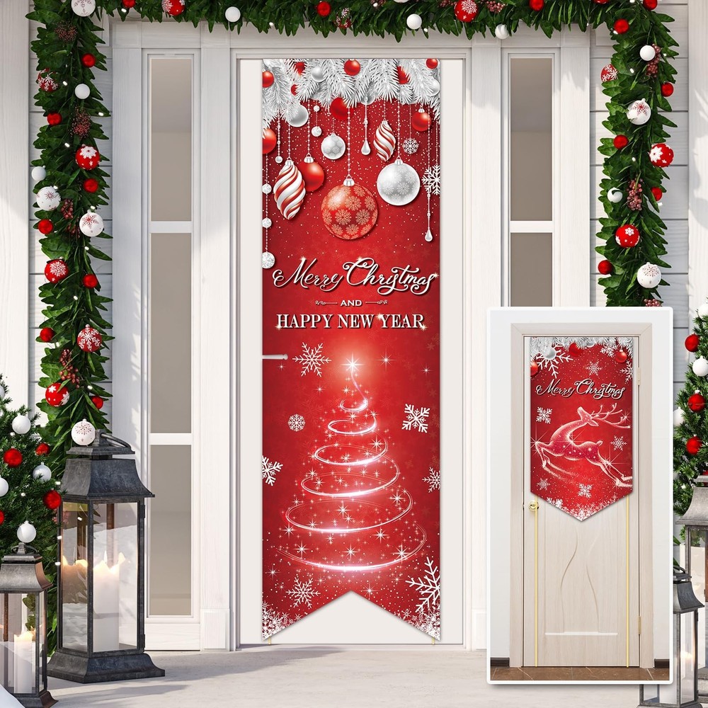 Merry Christmas Door Banner, Xmas Front Porch Hanging Sign for Outdoor Decora…