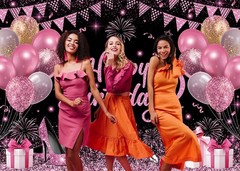 7x5ft Pink and Black Happy Birthday Backdrop Women Birthday Party Photography