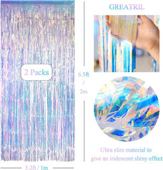 Iridescent Party Streamers Backdrop – Neon Transparent Holographic Tinsel Foil