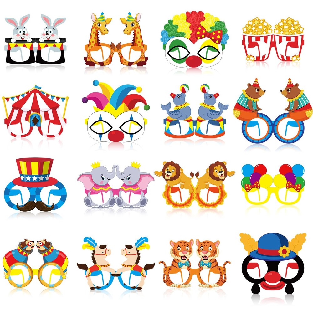 32 Pcs Circus Party Decorations Clown Paper Glasses Carnival Photo Booth Prop…