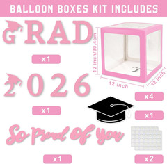Pink Graduation Decorations Class of 2026 – Set of 4 Balloons Boxes with Letters