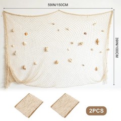 2 Pack Fish Net Decorations Natural Cotton Fishing Net Decor for Hawaiian Bea…