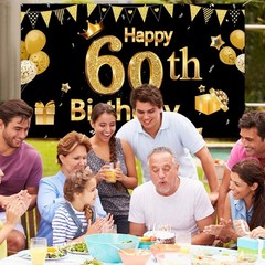 Chic 60th Birthday Party Banner – Large Black and Gold Decor, 72.8 x 43.3 Inch