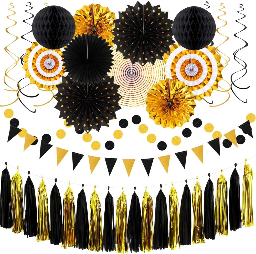 Black-Gold Graduation Party-Decorations – 33pcs Kits Banner, Streamers Tassel…