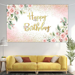 Rose Gold Birthday Backdrop for Women Pink Floral Golden Flash Happy Birthday Pa