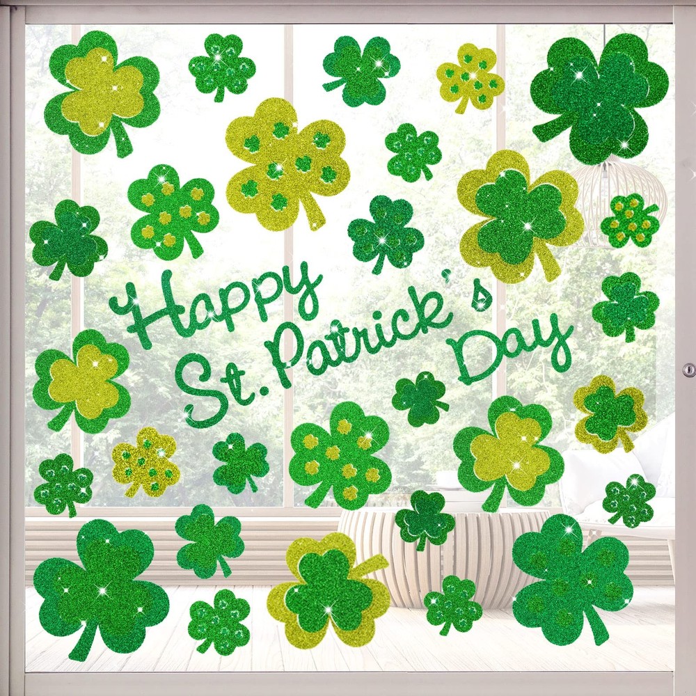4 Sheet St. Patrick’s Day Window Clings Glitter Green Shamrock Window Decals Dou