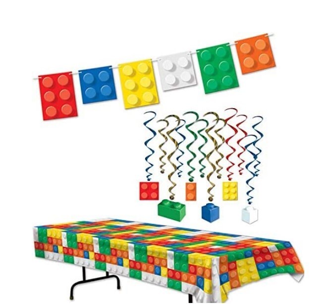 Building Blocks Party Decorations Set Multicolor Tablecover, Banner, And Whirls