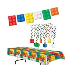 Building Blocks Party Decorations Set Multicolor Tablecover, Banner, And Whirls