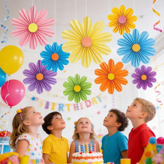 Colorful Party Decorations with Daisy Paper Flower,Rainbow Birthday Decorations-