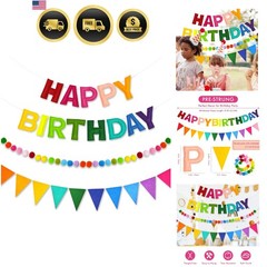 Pre-Strung 3D Rainbow Happy Birthday Banner, 3 PCS Happy Birthday Felt Sign, …