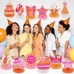 12 Pcs Orange Pink Birthday Decorations Honeycomb Centerpieces