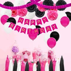 45pcs Hot Pink Black Party Decorations Kit Baby Girl Shower Rose Red Happy Ba…