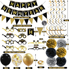 Happy New Years Decorations 2026, Black and Gold New Years Banner, Triangle Flag