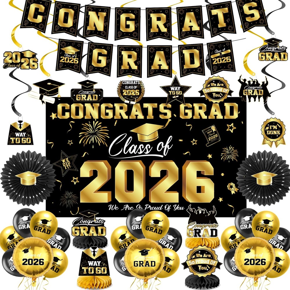 Graduation Decorations 2026-Black and Gold Graduation Party Decorations Supplies