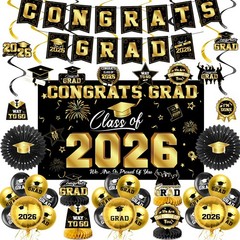 Graduation Decorations 2026-Black and Gold Graduation Party Decorations Supplies