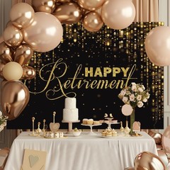 8x6ft Happy Retirement Backdrop – Black & Gold Photo Background for Party Decor