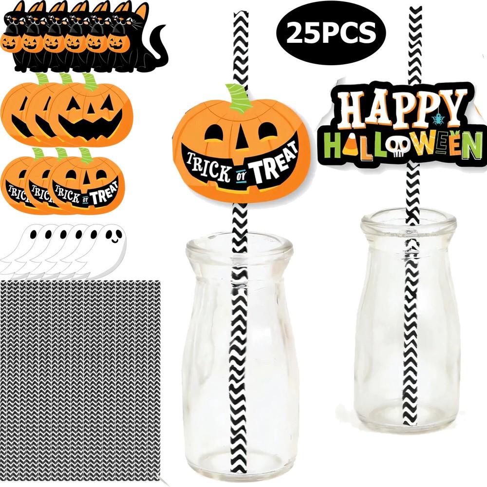 25Pcs 8inch Halloween Party Decor Straws Halloween Theme Disposable Paper Straws