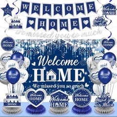 Welcome Home Decorations Set – Blue Silver Banner, Balloons, Honeycomb Centerpie