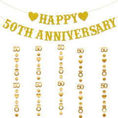 50Th Anniversary Decorations, Gold Glitter Happy 50Th Anniversary Banner with 50