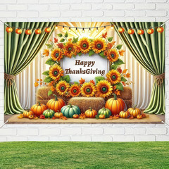 Thanksgiving Backdrop Banner 71×43″ Sunflower Pumpkins Outdoor Decor